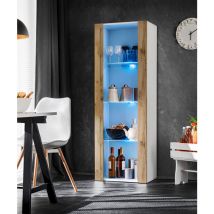 Komodee - Vitrine Armoire Tivoli, Blanc/Wotan, Largeur 55cm x Hauteur 159cm x Profondeur 35cm, led Bleu, 3 étagères, pour Salon, Chambre, Entrée