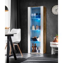 Komodee Vitrine Armoire Tivoli, Wotan/Blanc, Largeur 55cm x Hauteur 159cm x Profondeur 35cm, LED Bleu, 3 étagères, pour Salon, Chambre, Entrée