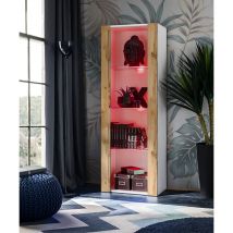 Komodee - Vitrine Armoire Tivoli, Blanc/Wotan, Largeur 55cm x Hauteur 159cm x Profondeur 35cm, led rgb, 3 étagères, pour Salon, Chambre, Entrée