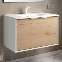 Meuble de salle de bain 80cm simple vasque - 1 façade et 2 tiroirs - sans miroir - Blanc/Roble - ALBA