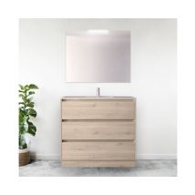 Caesaroo - Meuble de salle de bain sur pied en bois naturel 100 cm avec vasque en porcelaine - Nova - Avec colonne miroir et lampe led