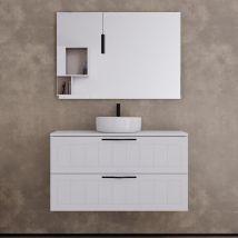 Cosyneo - Meuble de salle de bain 100cm avec plateau et vasque à poser ronde - 2 tiroirs - blanc - pia