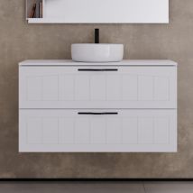 Cosyneo - Meuble de salle de bain 100cm avec plateau et vasque à poser ronde - 2 tiroirs - sans miroir - blanc - pia