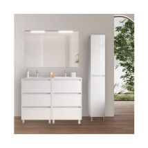 Caesaroo - Meuble De Salle De Bain Sur Pied 120 Cm En Bois Blanc Brillant Avec Vasque Intégré - Nova - Avec Miroir Et Double Lampe Led