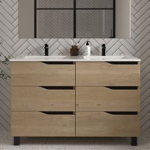 Meuble de salle de bain 140cm double vasque - 6 tiroirs - sans miroir - madera miel (bois clair) - mata
