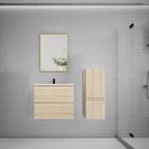 Biubiubath - Ensemble meuble Chêne et vasque L.60cm 2 tiroirs + colonne + lavabo + miroir-suspendu