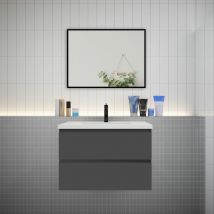 Biubiubath - Meuble de salle de bain 2 tiroirs avec lavabo et miroir encadré–Anthracite l.79 x W.44.5 x H.52 cm-suspendu