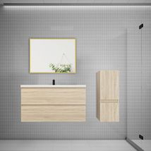 Ensemble meuble Chêne et vasque L.99cm 2 tiroirs + colonne + lavabo + miroir-suspendu