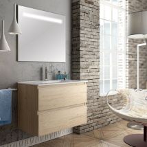 Cosyneo - Meuble de salle de bain simple vasque - 2 tiroirs - bambou (chêne clair) - balea et miroir Led stam - 60cm