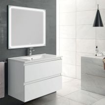 Meuble de salle de bain simple vasque - 2 tiroirs - blanc - balea et miroir Led veldi - 100cm
