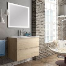 Meuble de salle de bain simple vasque - 2 tiroirs - bambou (chêne clair) - balea et miroir Led veldi - 100cm