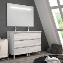 Cosyneo - Meuble de salle de bain double vasque - 6 tiroirs - hibernian (bois blanchi) - palma et miroir Led stam - 120cm