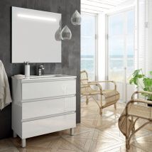 Cosyneo - Meuble de salle de bain simple vasque - 3 tiroirs - blanc - palma et miroir Led stam - 80cm