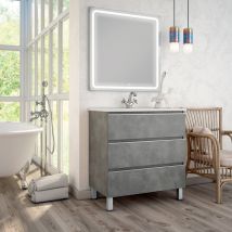 Cosyneo - Meuble de salle de bain simple vasque - 3 tiroirs - ciment (gris) - palma et miroir Led veldi - 80cm