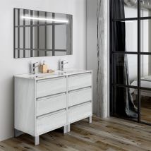 Cosyneo - Meuble de salle de bain double vasque - 6 tiroirs - hibernian (bois blanchi) - tiris 3C et miroir Led stam - 120cm