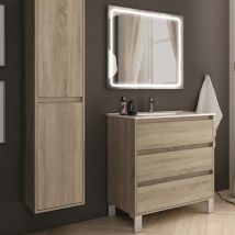 Cosyneo - Meuble de salle de bain simple vasque - 3 tiroirs - cambrian (chêne clair) - tiris 3C et miroir Led veldi - 100cm