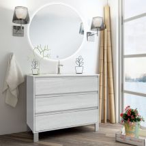 Cosyneo - Meuble de salle de bain simple vasque - 3 tiroirs - hibernian (bois blanchi) - tiris 3C et miroir rond Led solen - 80cm