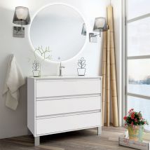 Cosyneo - Meuble de salle de bain simple vasque - 3 tiroirs - blanc - iris 3C et miroir rond Led solen - 80cm