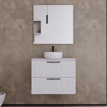 Cosyneo - Meuble de salle de bain 60cm avec plateau et vasque à poser ronde - 2 tiroirs - blanc - pia