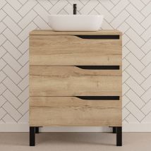 Cosyneo - Meuble de salle de bain 60cm avec plateau et vasque à poser zeus - 3 tiroirs - sans miroir - madera miel (chêne clair) - mata