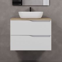 Cosyneo - Meuble de salle de bain 70cm avec plateau miel et vasque à poser zeus - 2 tiroirs - sans miroir - blanc - luna