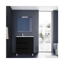 Caesaroo - Meuble de salle de bain autoportant en bois noir satiné 85 cm avec vasque en porcelaine - Nova - Avec miroir et lampe led