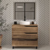 Cosyneo - Meuble de salle de bain 90cm avec plateau et vasque à poser - 3 tiroirs - tabaco (chêne foncé) - mata