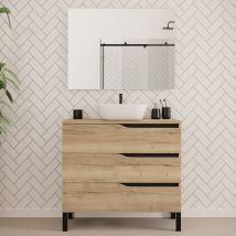 Cosyneo - Meuble de salle de bain 90cm avec plateau et vasque à poser zeus - 3 tiroirs - madera miel (chêne clair) - mata