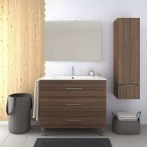 Meuble de salle de bain à poser kayla avec miroir et lavabo - 3 tiroirs - frêne tea - 80CM avec colonne assortie