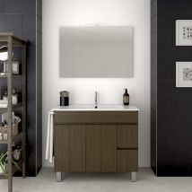 Meuble de salle de bain à poser TEMIS avec miroir et lavabo - 2 tiroirs avec poignée à gorge et un grand espace de stockage avec portes -CHÊNE