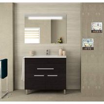 Meuble de salle de bain à poser VEGA avec miroir lumineux et lavabo - espace de stockage avec portes et tiroir - CHÊNE SINATRA -80CM