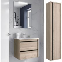 Salgar - Meuble de salle de bain Dimensions 80 cm Couleur Chêne naturel Miroir Avec miroir + led Colonne de rangement Avec colonne