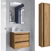 Salgar - Meuble de salle de bain Dimensions 80 cm Couleur Chêne africain Miroir Avec miroir + led Colonne de rangement Avec colonne