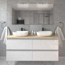 Meuble de salle de bain avec vasques à bords arrondies - blanc - BALEA et miroir avec appliques - 120cm