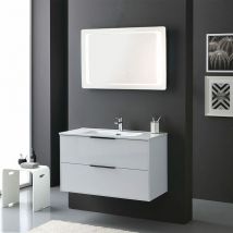 Meuble De Salle De Bain Blanc Brillant 90Cm Poignée En Noir Mat Et Miroir à Led Parigi