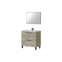Meuble de salle de bain à deux tiroirs avec miroir pour vasque à poser, couleur chêne, 80 x 80 x 45 cm