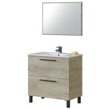 Non - Meuble De Salle De Bain À Deux Tiroirs Avec Miroir Pour Vasque À Poser, Couleur Chêne, 80 X 80 X 45 Cm