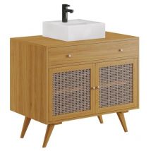 Vente-unique - Meuble de salle de bain en teck clair et cannage avec vasque en céramique - 90 cm - mansulan