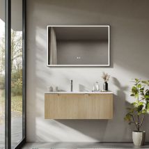 Meuble-lavabo suspendu de 100 cm avec vasque en résine minérale, tiroir et porte ultra-fins à fermeture douce, Accent Cannelé - Gloden Sand