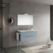 Meuble De Salle De Bain Mural 100Cm Tiroirs Bleu Clair Mat, Lavabo En Céramique à Gauche New York