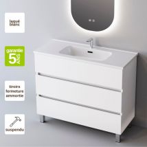 Meuble de salle de bain plan vasque Solide Surface, 3 Tiroirs,l60xh90xp45, Laqué Blanc Brillant, atrani