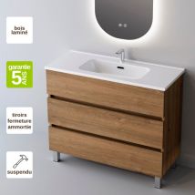 Meuble de salle de bain plan vasque Céramique, 3 Tiroirs,l60xh90xp45, Chêne Naturel, atrani