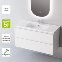 Meuble de salle de bain plan vasque Solide Surface, 2 Tiroirs,l60xh54xp45, Laqué Blanc Mat, step