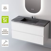 Sanizeo - Meuble de salle de bain plan vasque Grès Cérame Noir, 2 Tiroirs,l100xh54xp45, Laqué Blanc Mat, step