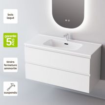 Meuble de salle de bain plan vasque Céramique, 2 Tiroirs,l100xh54xp45, Laqué Blanc Mat, step