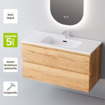 Meuble de salle de bain plan vasque Céramique, 2 Tiroirs,l60xh54xp45, Chêne Clair, step