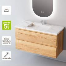 Sanizeo - Meuble de salle de bain plan vasque Grès Cérame Blanc, 2 Tiroirs,l80xh54xp45, Chêne Clair, step