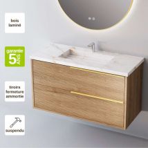 Meuble de salle de bain plan vasque Grès Cérame Blanc Storm, 2 Tiroirs Chêne Naturel, Poignée Or, l60xh54xp45, Effet 3D, listello
