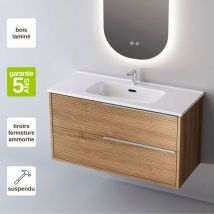 Meuble de salle de bain plan vasque Solide Surface, 2 Tiroirs Chêne Naturel, Poignée Inox Satiné, l100xh54xp45, Effet 3D, listello