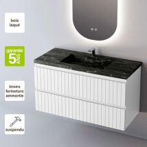 Meuble de salle de bain plan vasque Grès Cérame Noir Allure, 2 Tiroirs,l100xh54xp45, Laqué Blan,c Mat, GLOW